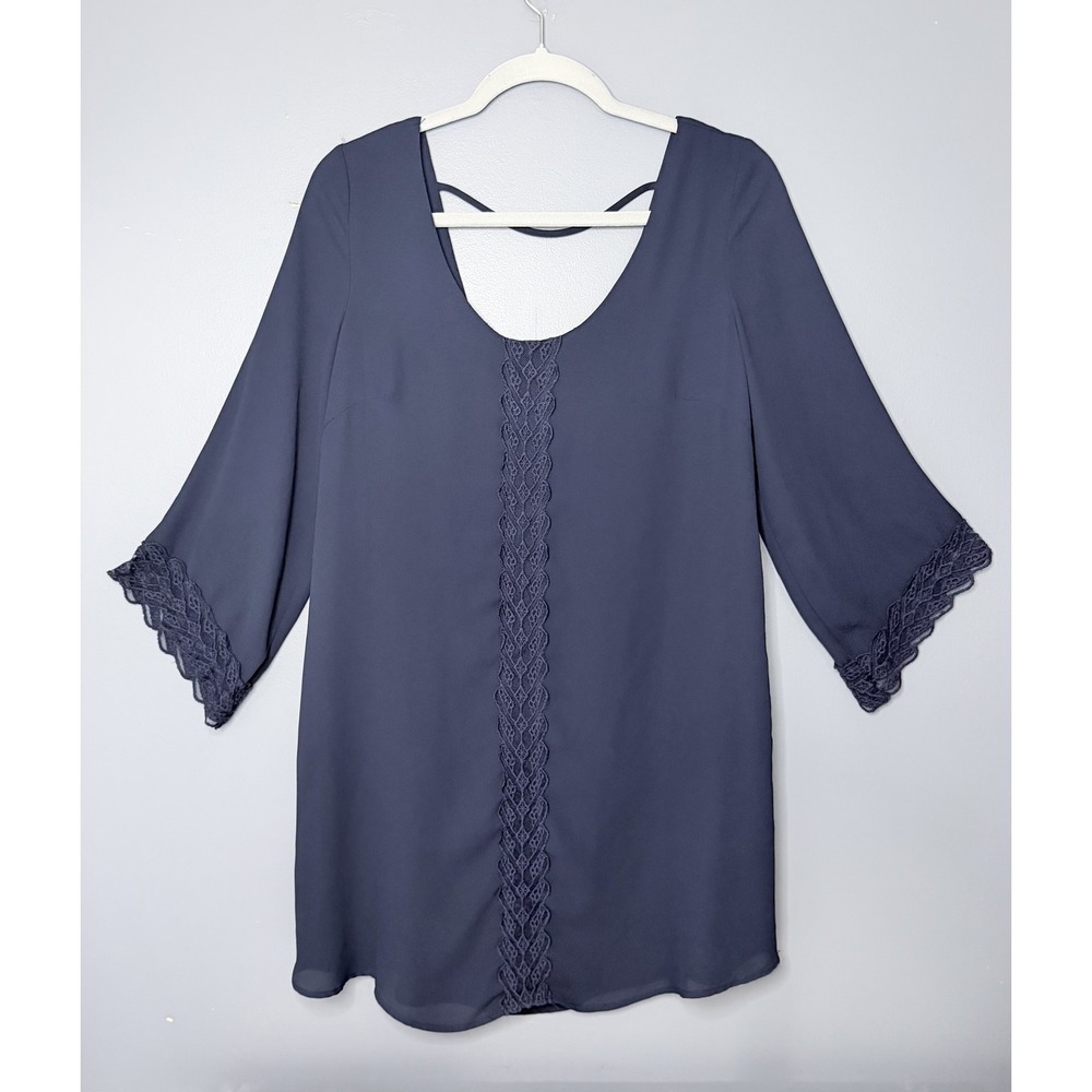ASTR Navy Blue Chiffon Crochet Lace Mini Shift Dress Womens L Scoop Bell Sleeve